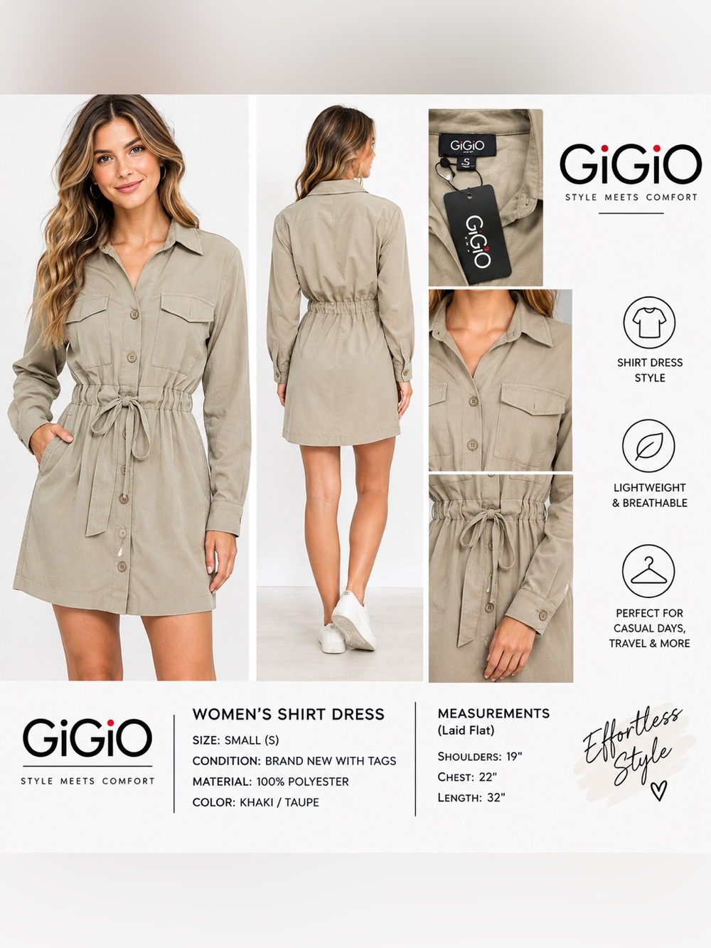 GiGiO Women’s Small Taupe Shirt Dress Button Front Tie Waist Utility Dress